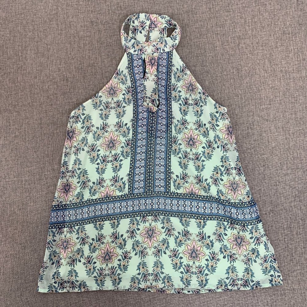 Blue Rain Halter Sleeveless Blouse Floral Print XS Lined Mint Green Blue Pink